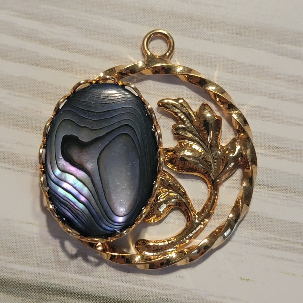 Abalone Shell Gold Tone Leaf Botanical Statement Pendant Vintage Style